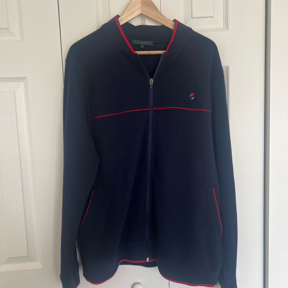Extracurricular Men's Navy Blue Sweater with Red Accents size large